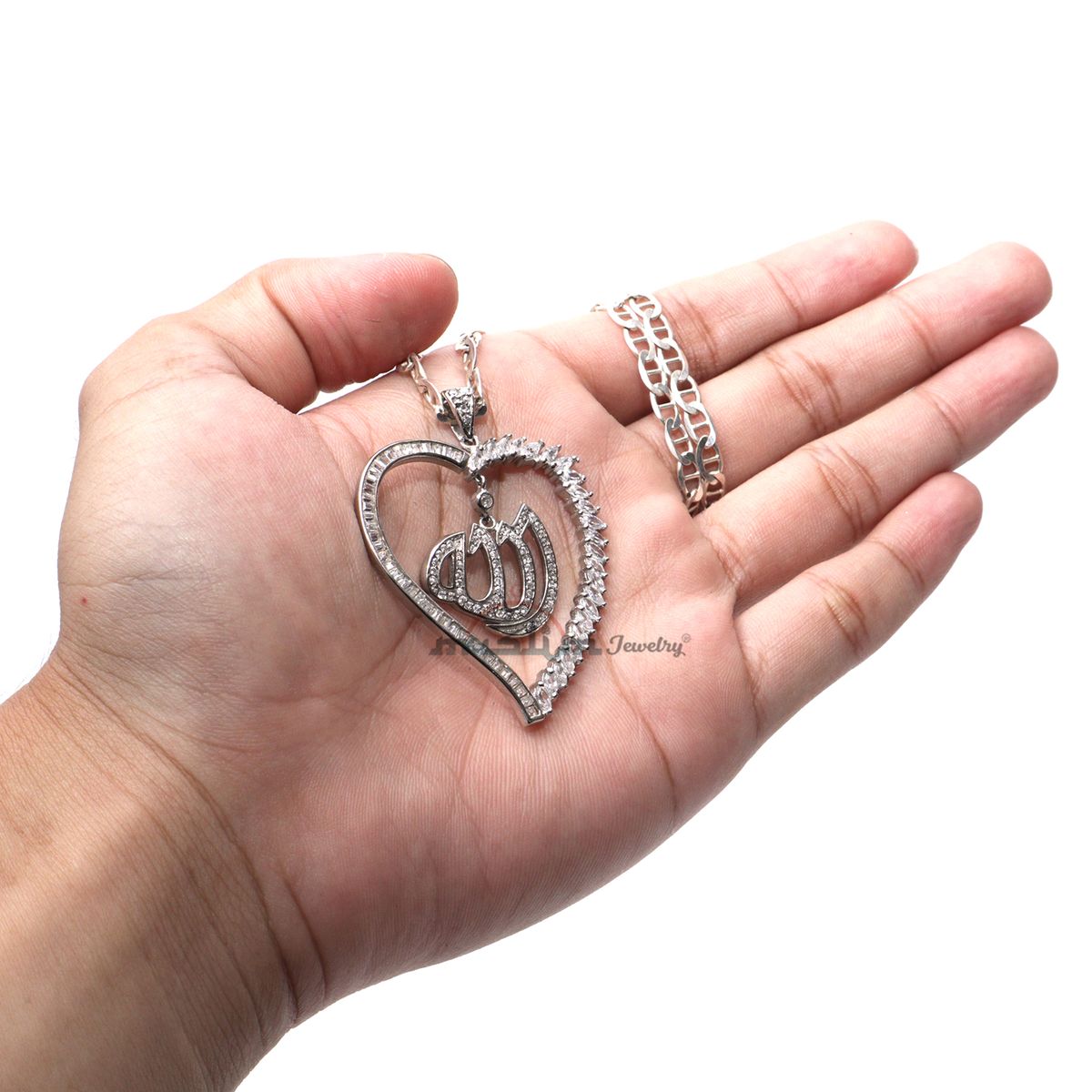Large Allah Pendant Rhodium-Plated CZ Silver Heart Shape Design