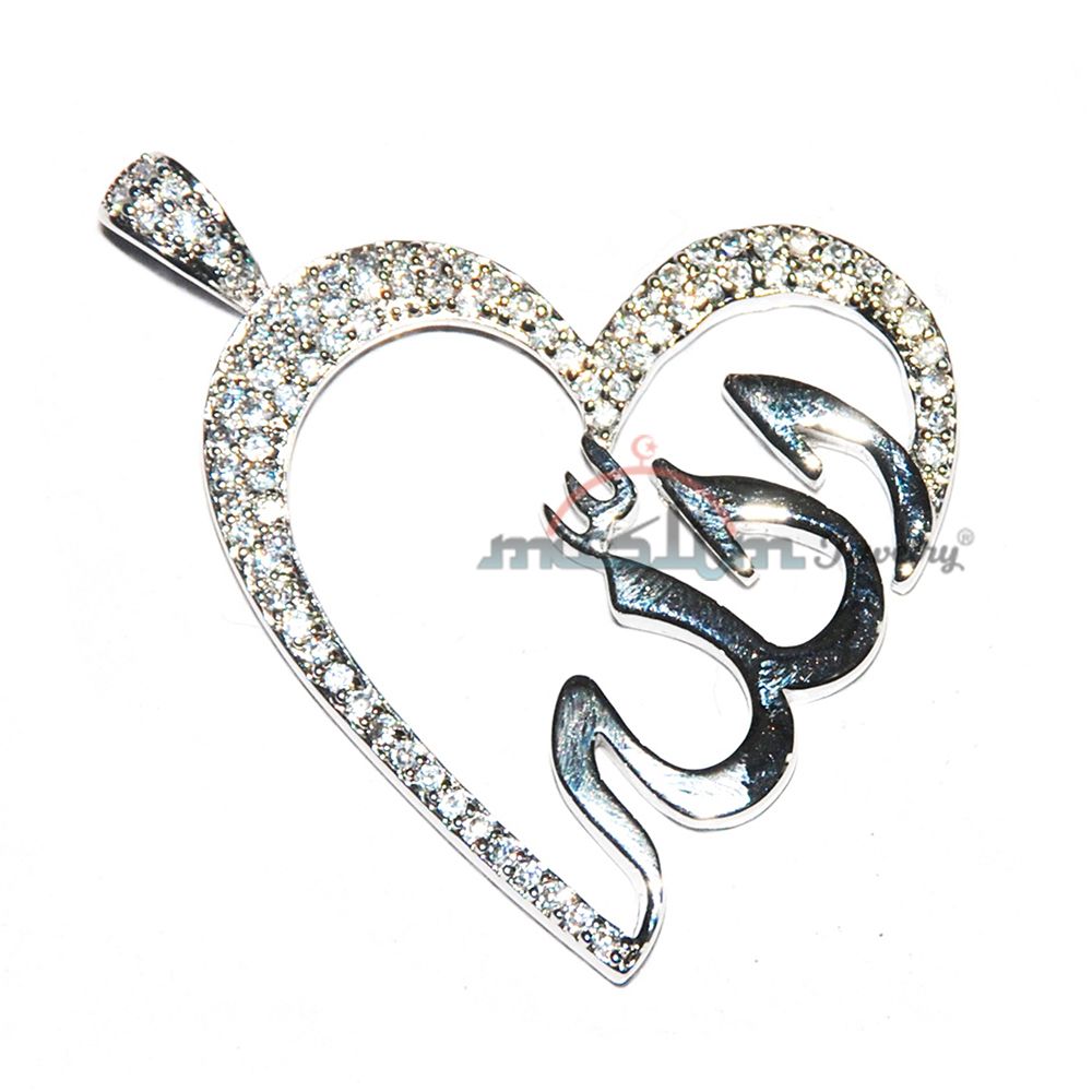 Sterling Silver Rhodium-Plated Large Hanging Allah Heart Pendant with Cubic Zirconium Studs