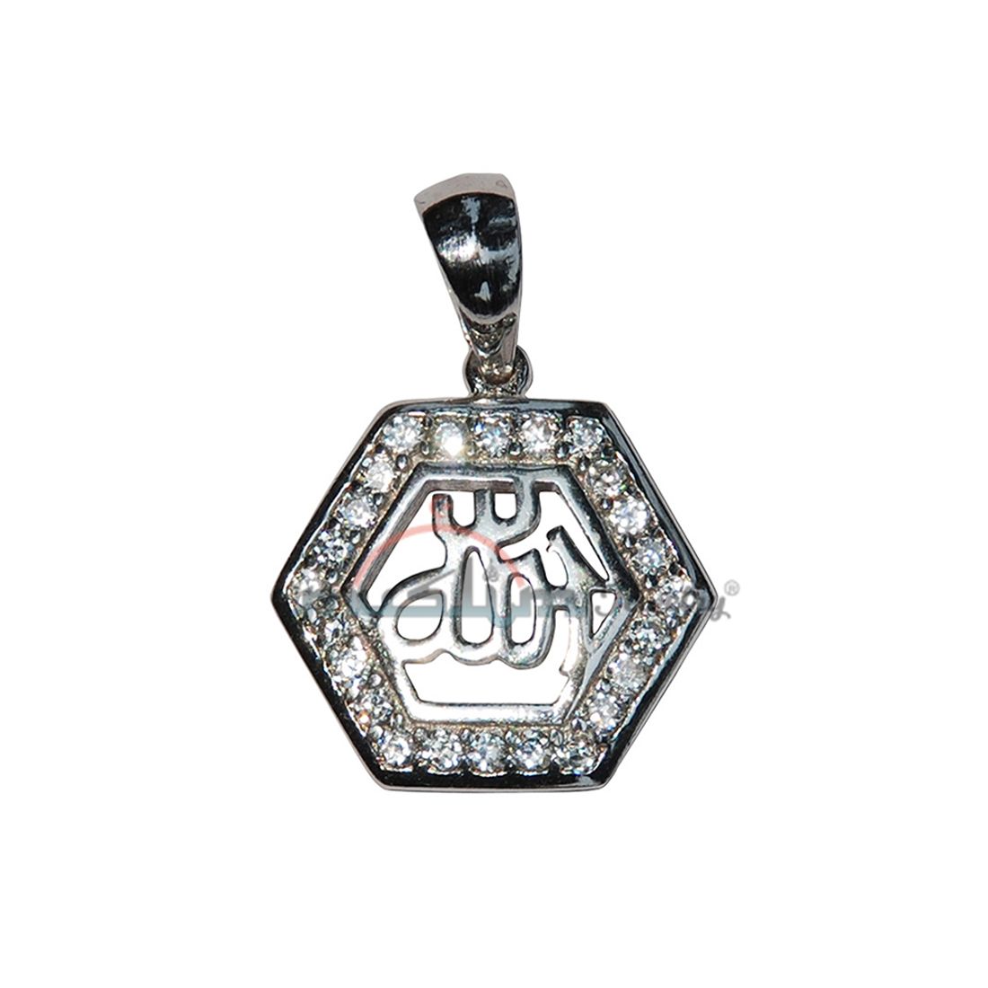 Sterling Silver Allah Hexagon Pendant with Cubic Zirconium Studs