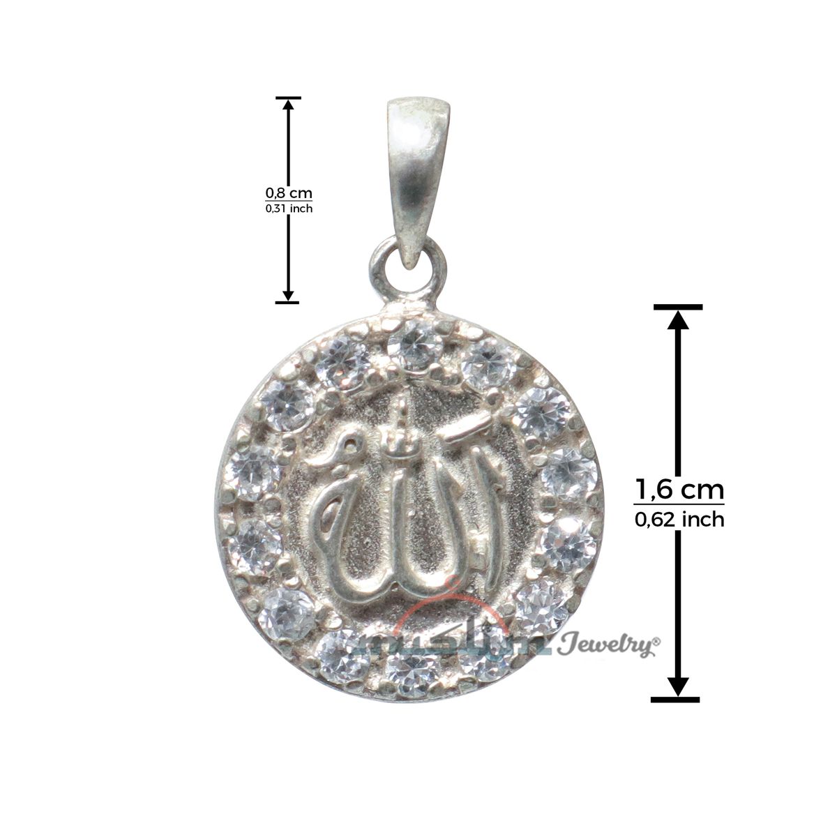 Small Round Allah Pendant with 14 Faceted Cubic Zirconia | Sterling Silver Muslim Jewelry For Necklace 5/8-inch (1.5 cm)