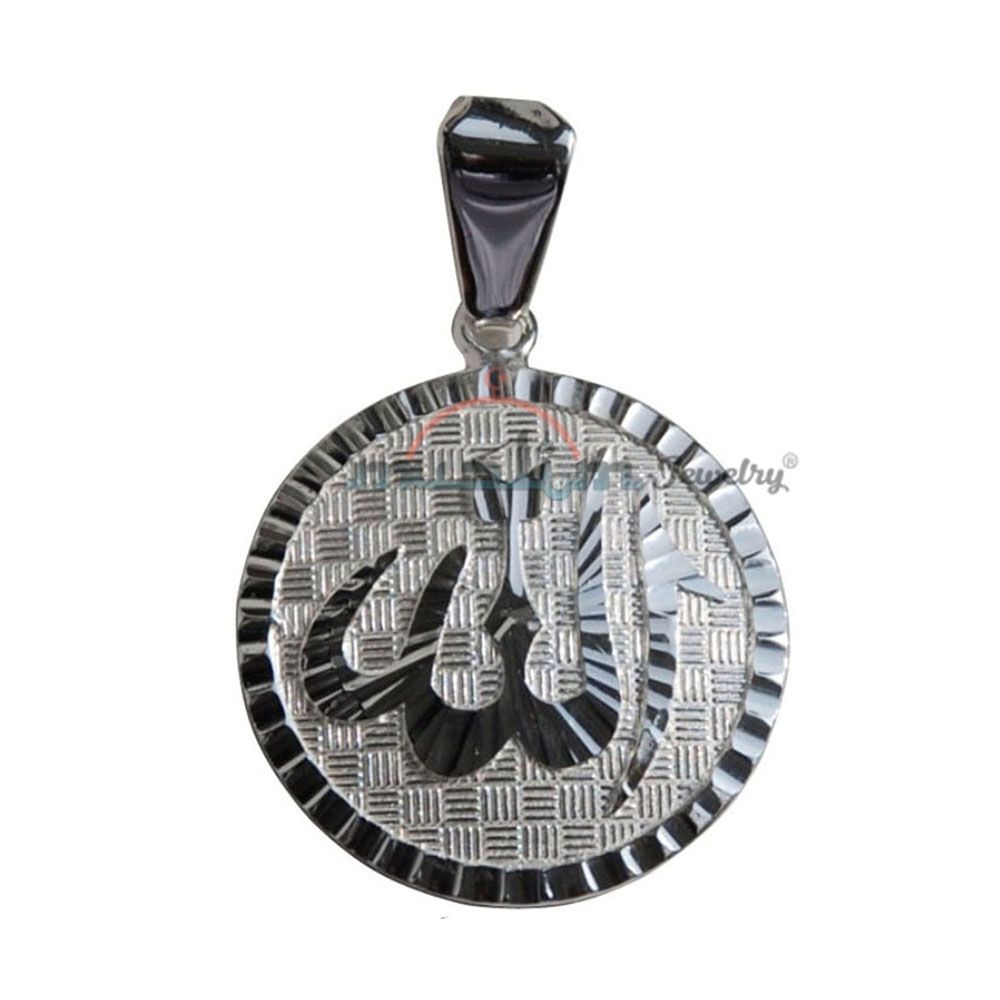 Allah Pendant For Necklace 2.2 cm Round 925 Silver Diamond-Cut Design