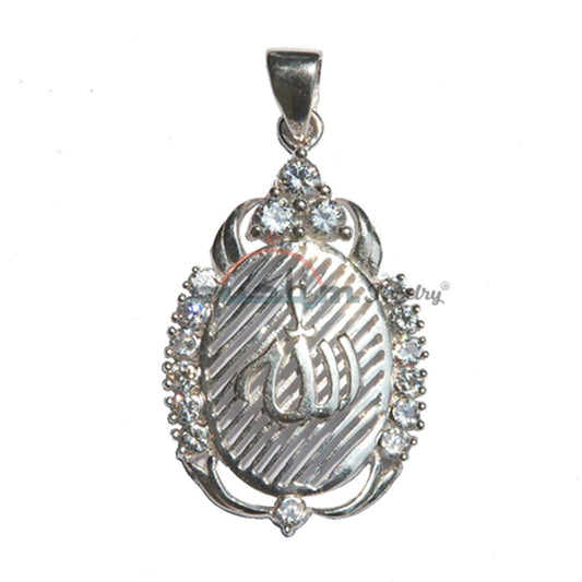 Handmade St. Silver Oval Allah Pendant with Cubic Zirconium Studs