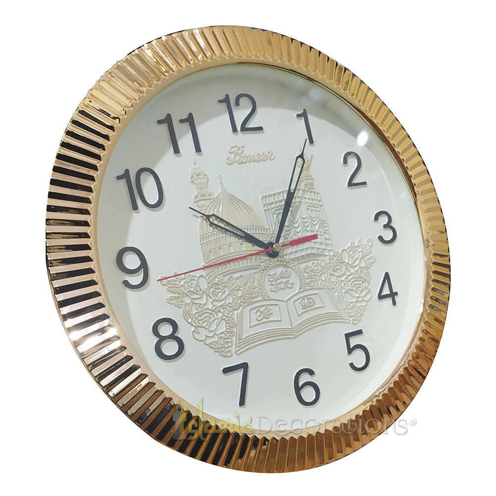 Jam Dinding Rekaan Mekkah Medinah Warna Emas Bulat Warna Gading 11.5-inci (29.25sm)