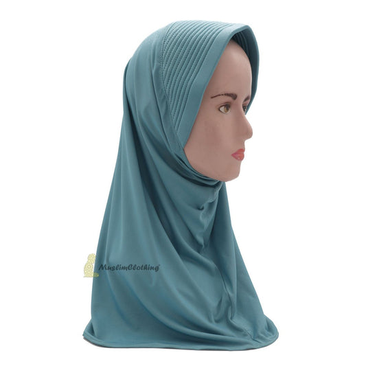 Instant Pull-On Easy Hijab Jilbab In Pastel Light Blue – Padded Visser Shoulder-Length Easy Muslimah Khimar