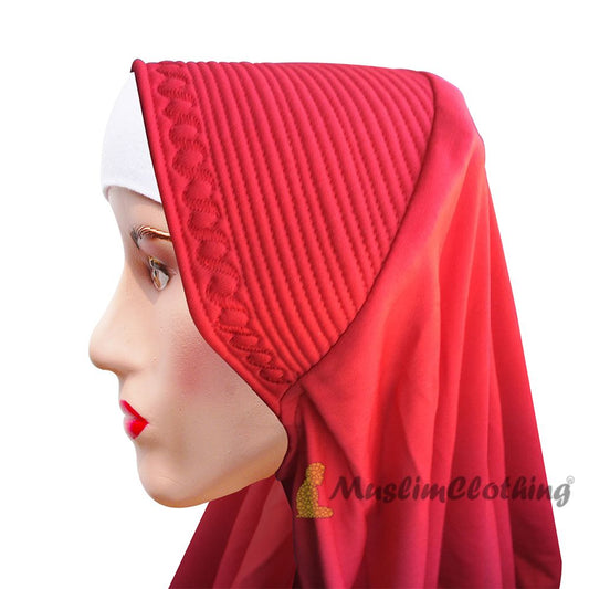 Instant Pull-On Easy Hijab Jilbab In Various Red – Padded Visser Shoulder-Length Easy Muslimah Khimar