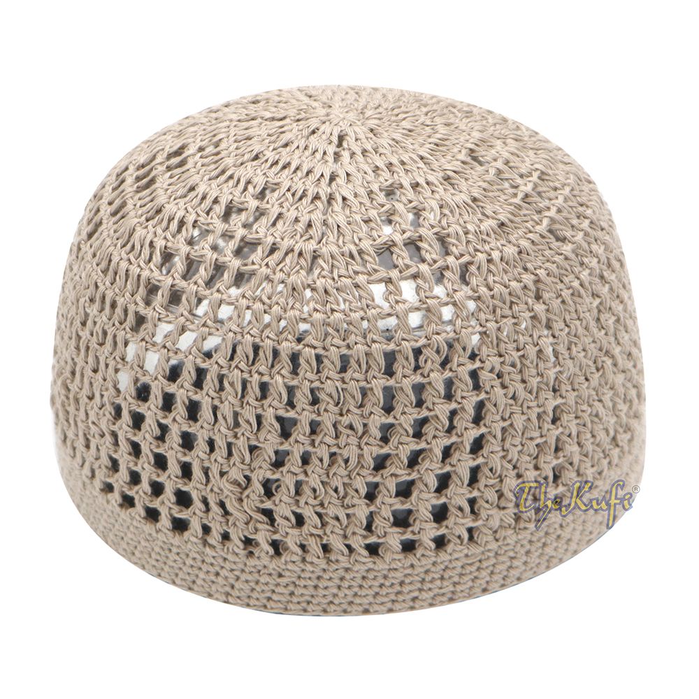 Skull Cap Kufi Cotton Light Brown Tight & Loose Weave Design Crochet Knit Head Cover