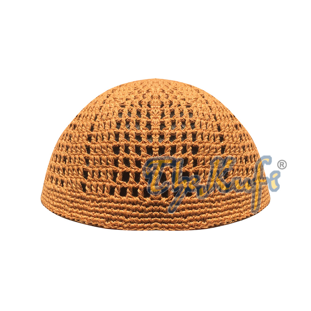 Topi Tengkorak Kufi Katun Karat Coklat Desain Tenun Ketat & Longgar Penutup Kepala Rajut Rajutan