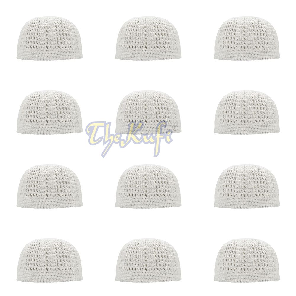 Lot of 12 White Kufi Tight & Loose Weave Design Crochet Knit Cap