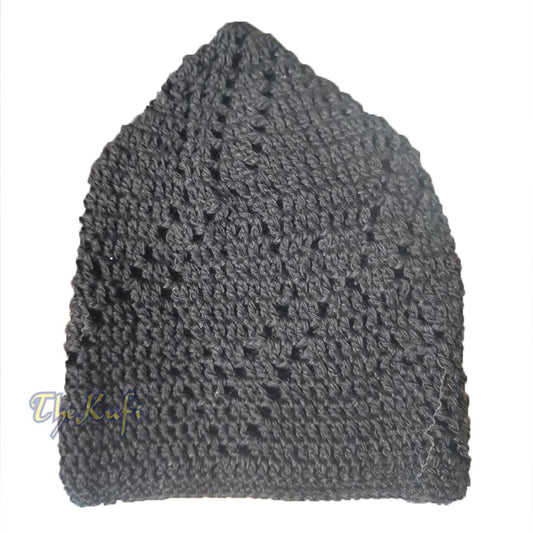 Black Hand-crochet Sanaa Open Weave Double Diamond Design Kufi Cap