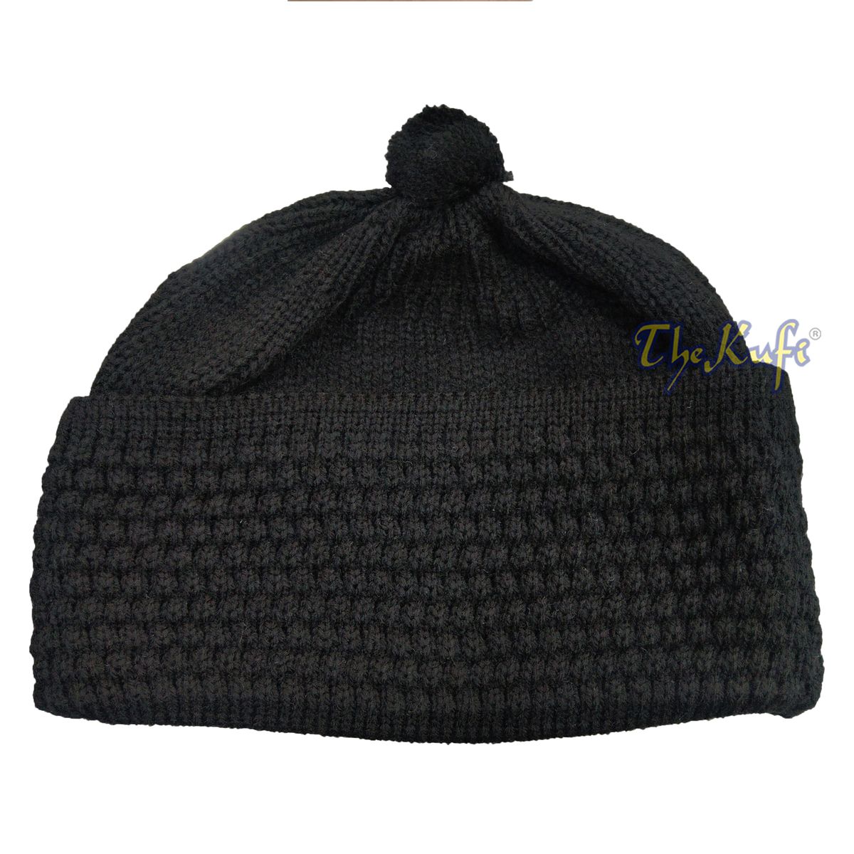 One-Size Black Thick-Weave Stretchy Double Layer Warm Cotton-Acrylic Beanie Hat with Pompom