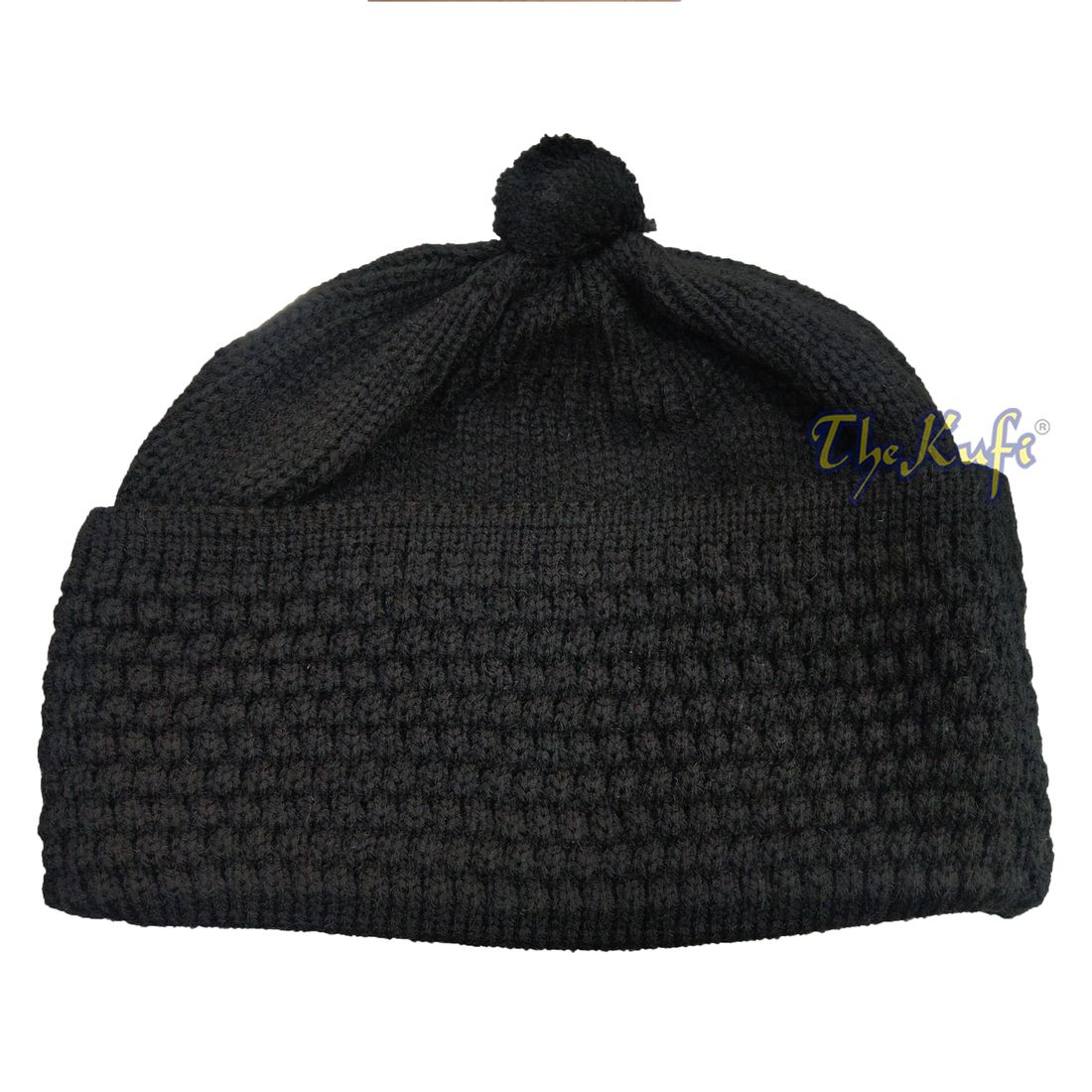 One-size Black Thick-weave Stretchy Double Layer Warm Cotton-acrylic Beanie Hat with Pompom