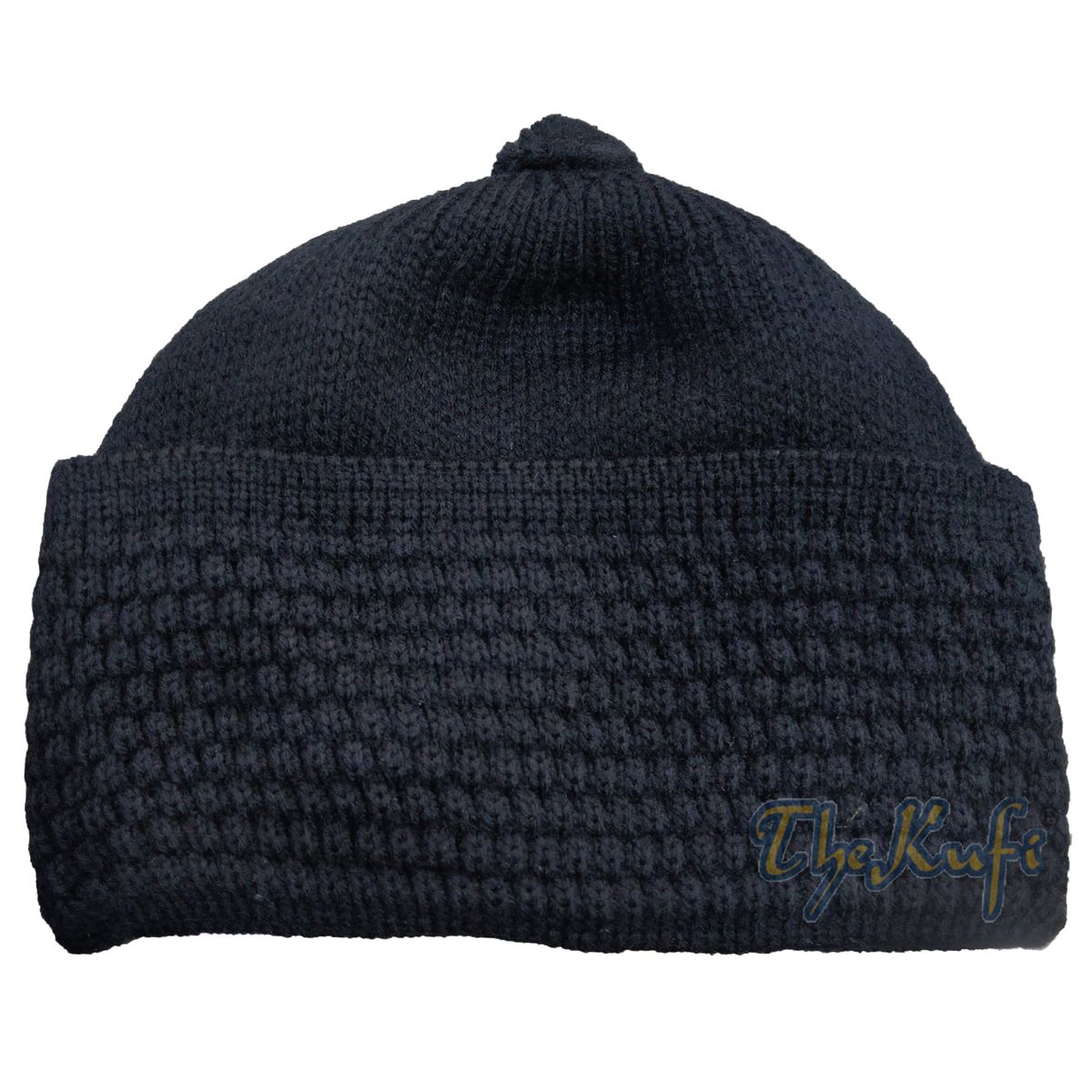 One-Size Dark Blue Thick Stretchy Double Layer Warm Faux Wool Beanie Hat with Pompom