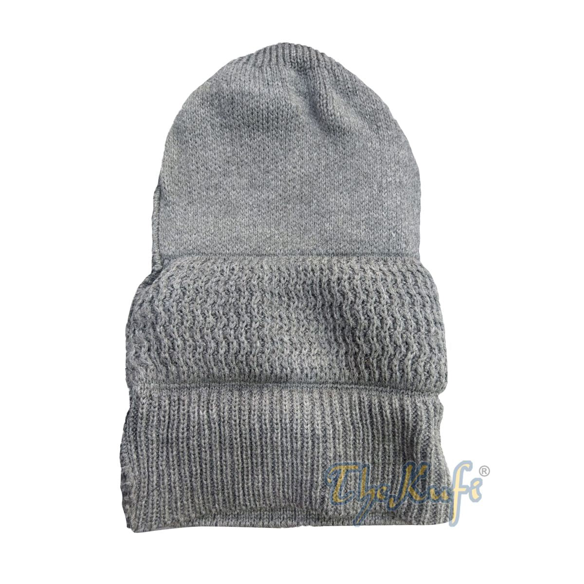 One-Size Gray Thick-Weave Stretchy Double Layer Warm Cotton-Acrylic Beanie Hat with Pompom