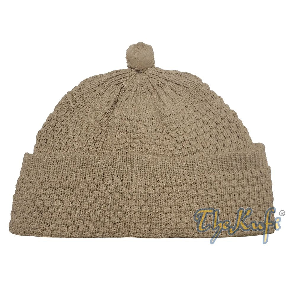 One-Size Light Brown Thick-Weave Stretchy Double Layer Warm Cotton-Acrylic Beanie Hat with Pompom