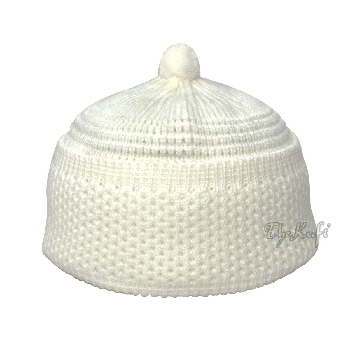 One-size White Thick-weave Stretchy Double Layer Warm Cotton-acrylic Beanie Hat with Pompom