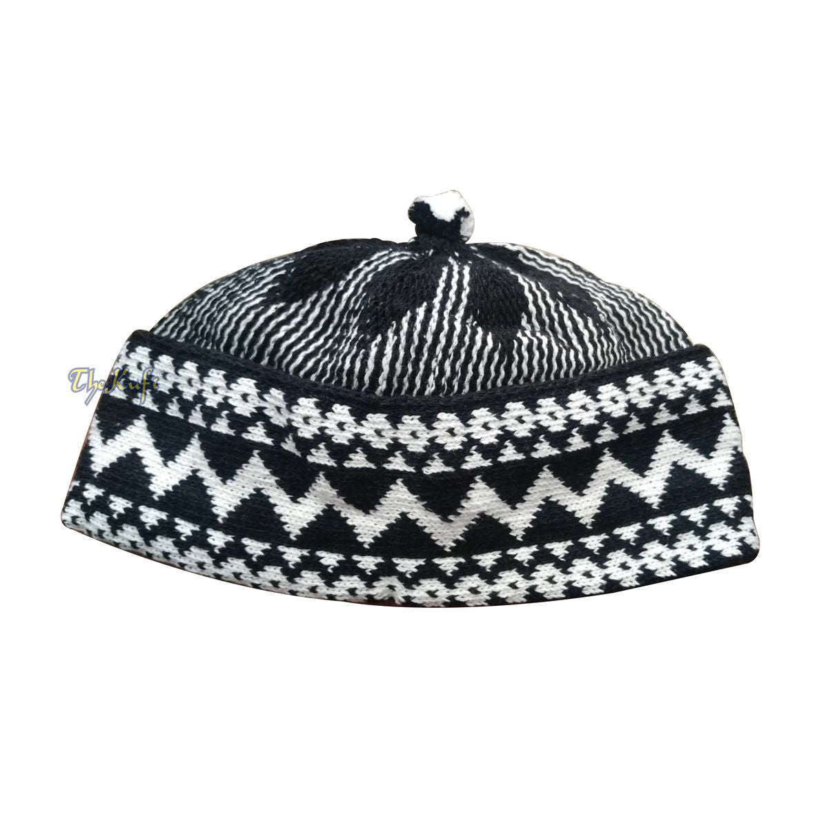 Black Cotton Blend Zigzag Beanie Kufi Hat with Ball On Top