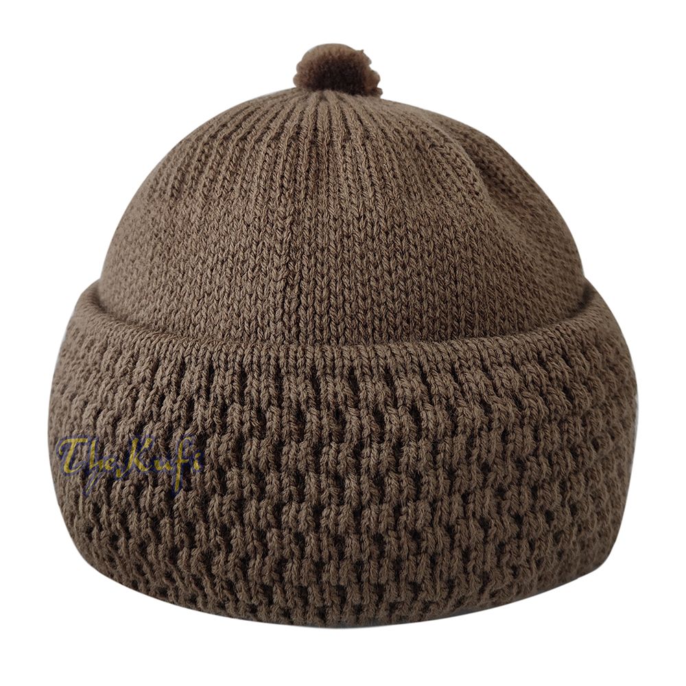 Brown Winter Beanie with Pompom Thick Faux Wool Double Layer Warm Hat Cap One-Size