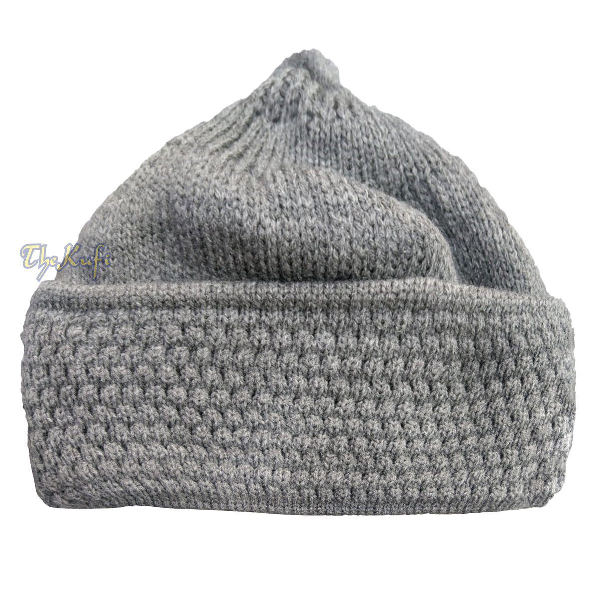 Gray Winter Beanie with Pompom Thick Faux Wool Double Layer Warm Hat Cap One-Size