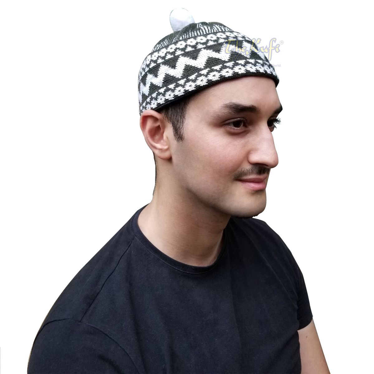 Warm Beanie Kufi Winter Hat with Ball Top – Army Green Cotton-Blend Zigzag Style