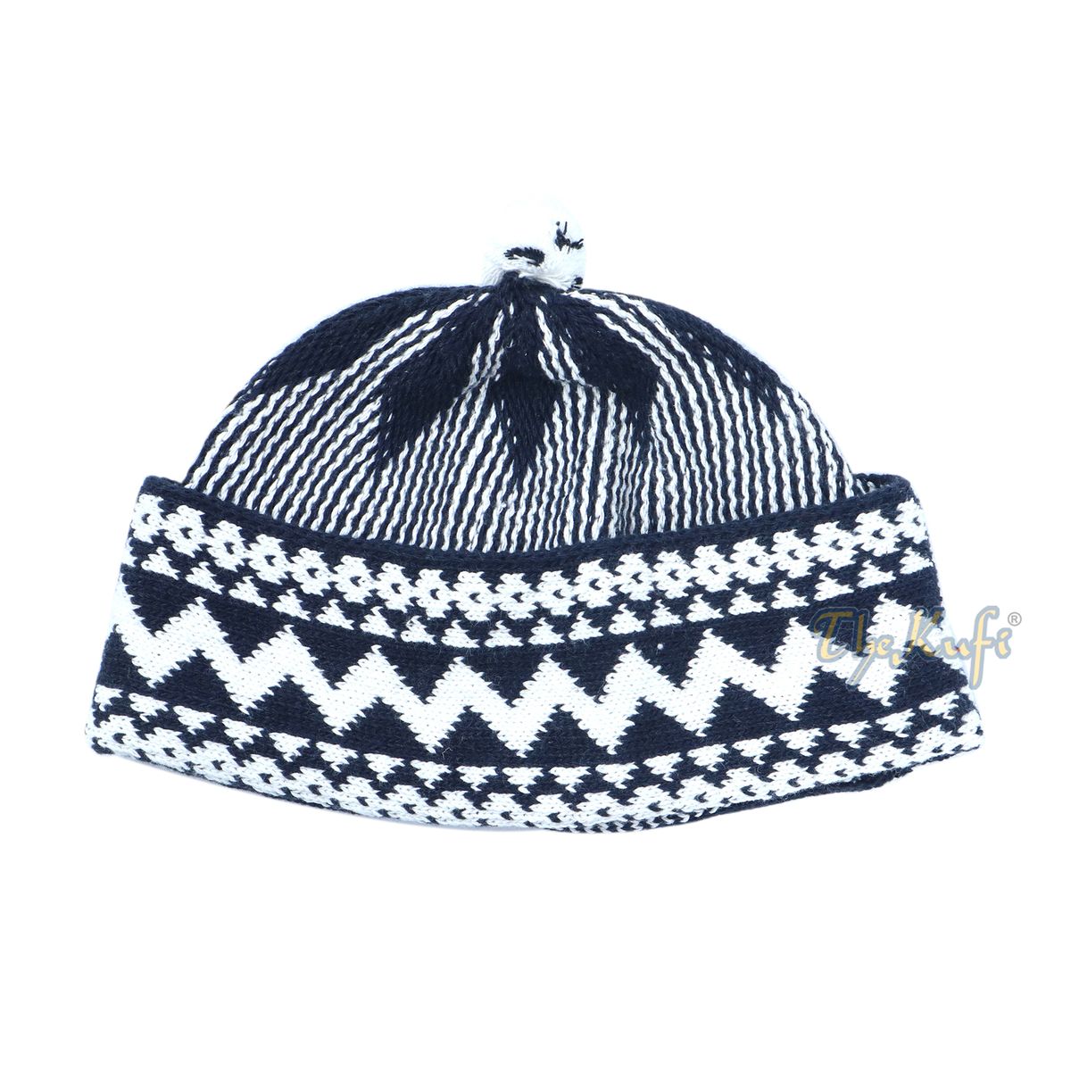 Indigo Blue Cotton Blend Zigzag Beanie Kufi Hat with Ball On Top
