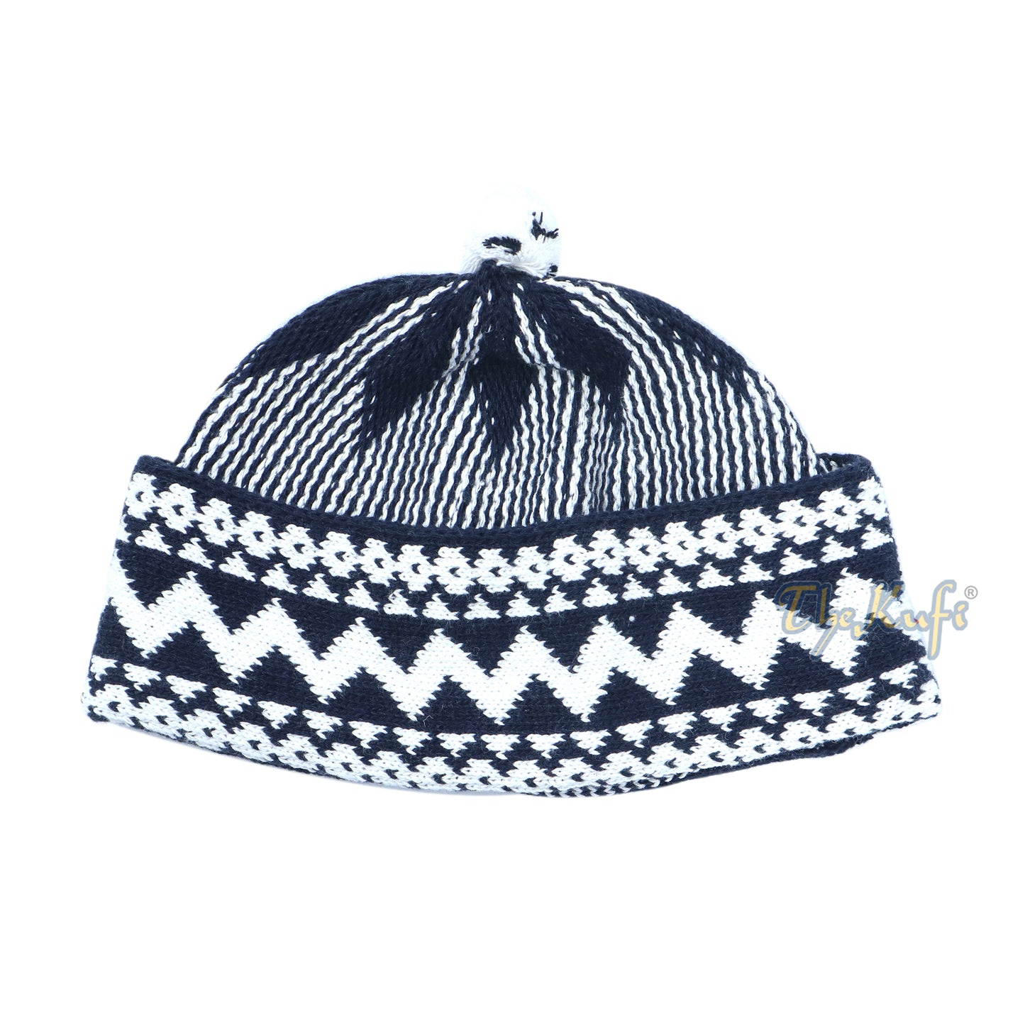 Topi Beanie Kufi Zigzag Campuran Katun Biru Indigo dengan Bola di Atasnya