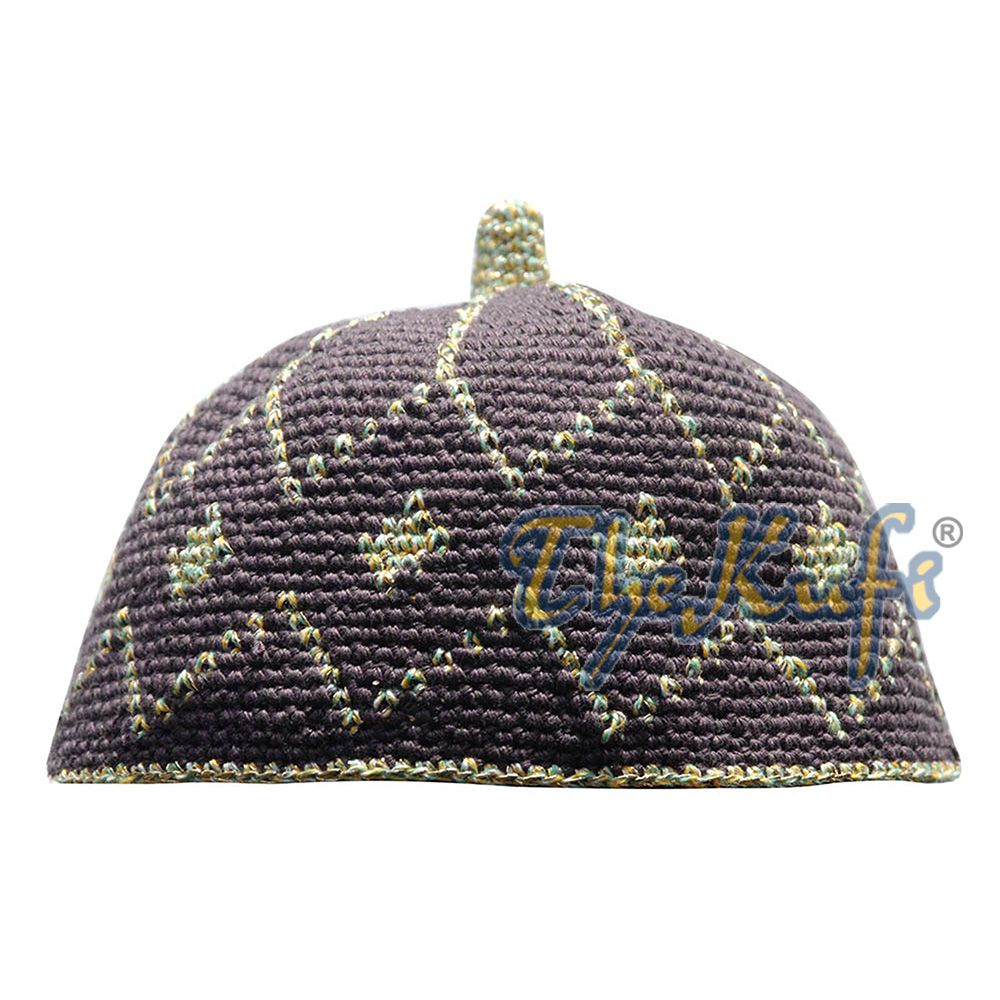 Dark Brown Kufi Hat with Pastel & Metallic Gold Thread
