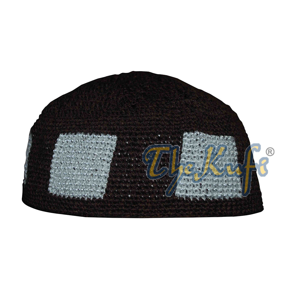 Dark Brown Hand-Crocheted Durable Cotton Kufi Hat Cap with White Design