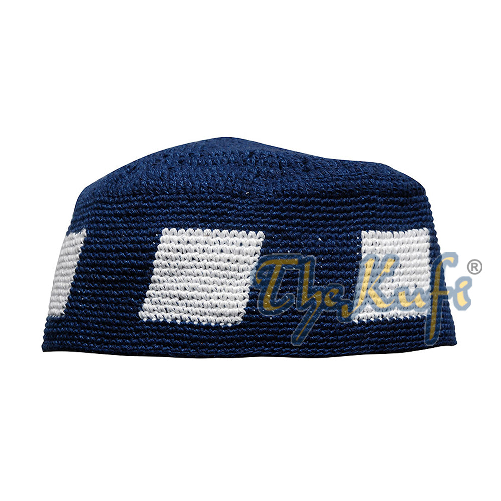 Topi Kufi Katun Tahan Lama Rajutan Tangan Biru Tua dengan Desain Putih