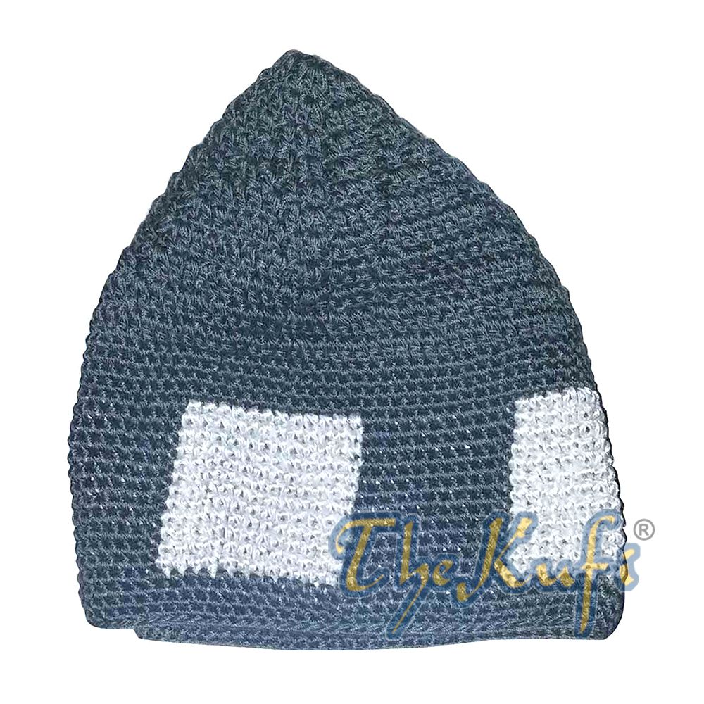 Hand-Crocheted Dark Gray Kufi with White Squares For Kids