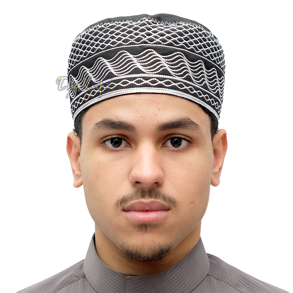 Islamic Kufi Hat | 3″ Tall Black Cotton-blend Cap with White Embroidery