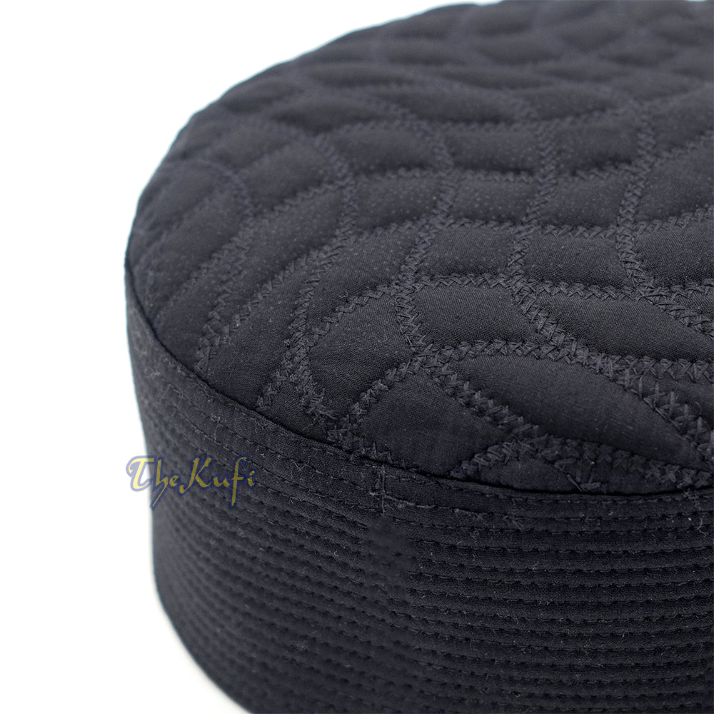 Premium Black Padded Malawi Kufis - Handmade Round Embroidered Asad Motif Muslim Prayer Caps
