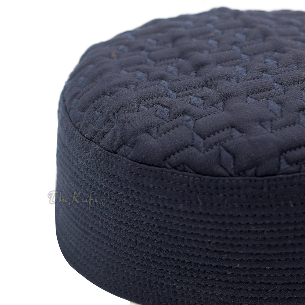 Premium Dark Navy Blue Padded Malawi Kufis - Handmade Round Embroidered Ghalib Motif Muslim Prayer Caps