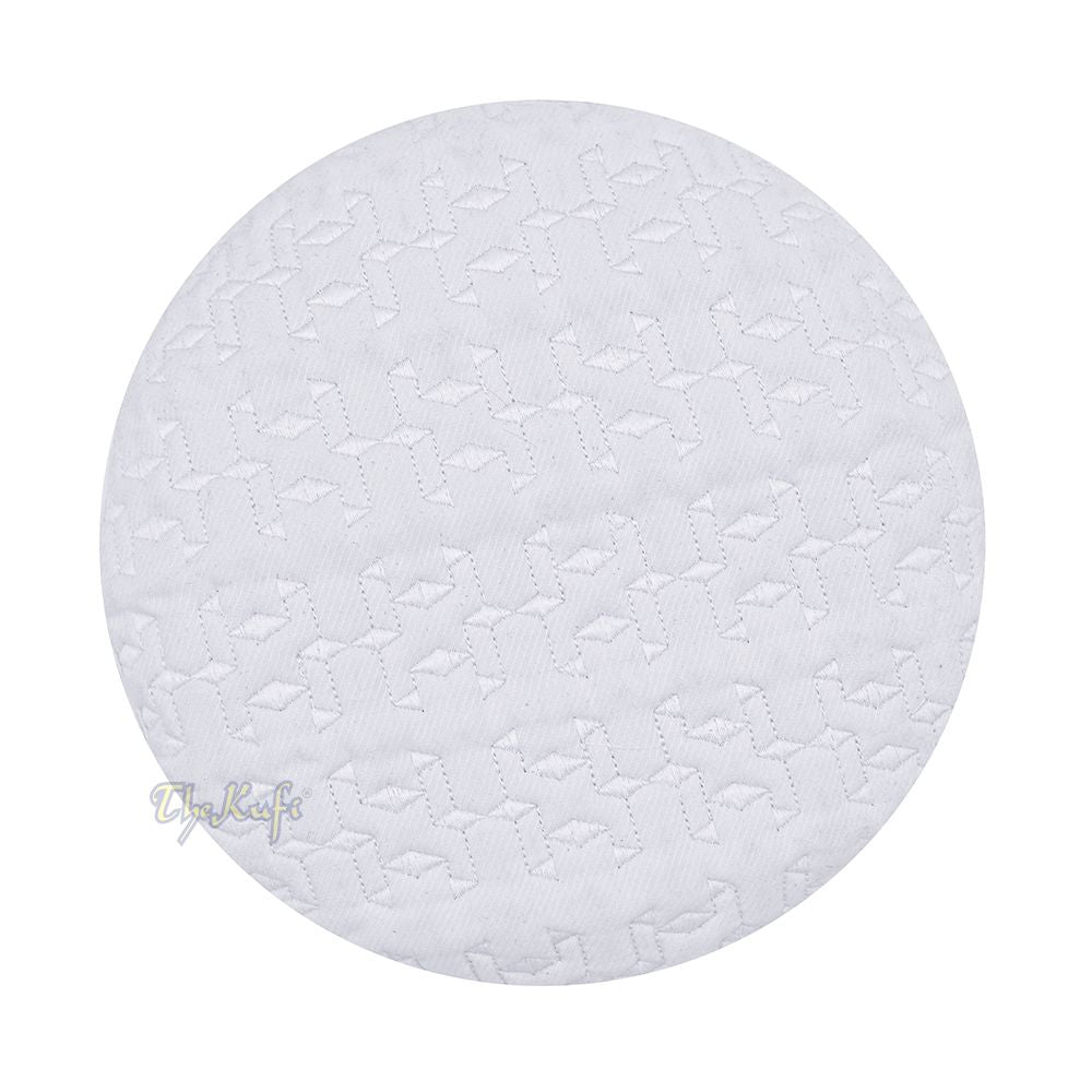 Premium White Padded Malawi Kufis – Handmade Round Embroidered Ghalib Motif Muslim Prayer Caps