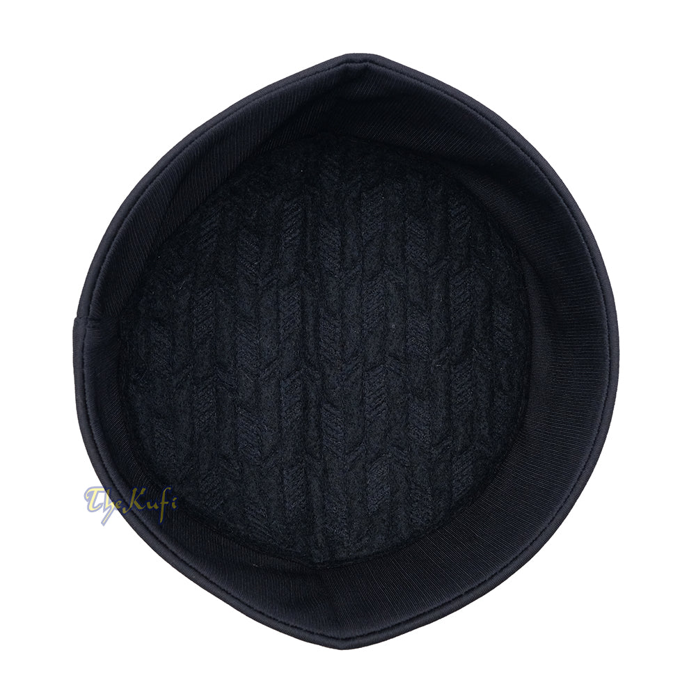 Black Herringbone Motif Top - Malawi African Muslim Kufi Hat - Islamic Semi-Stiff Stitched Wall Prayer Cap