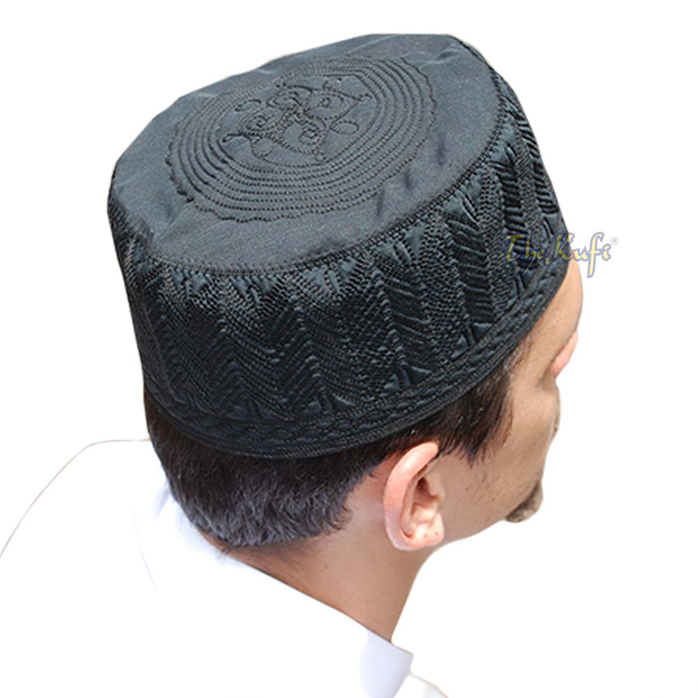 Black Madinah Kufi | Embroidered Mix Fabric 3-inch Muslim Hat