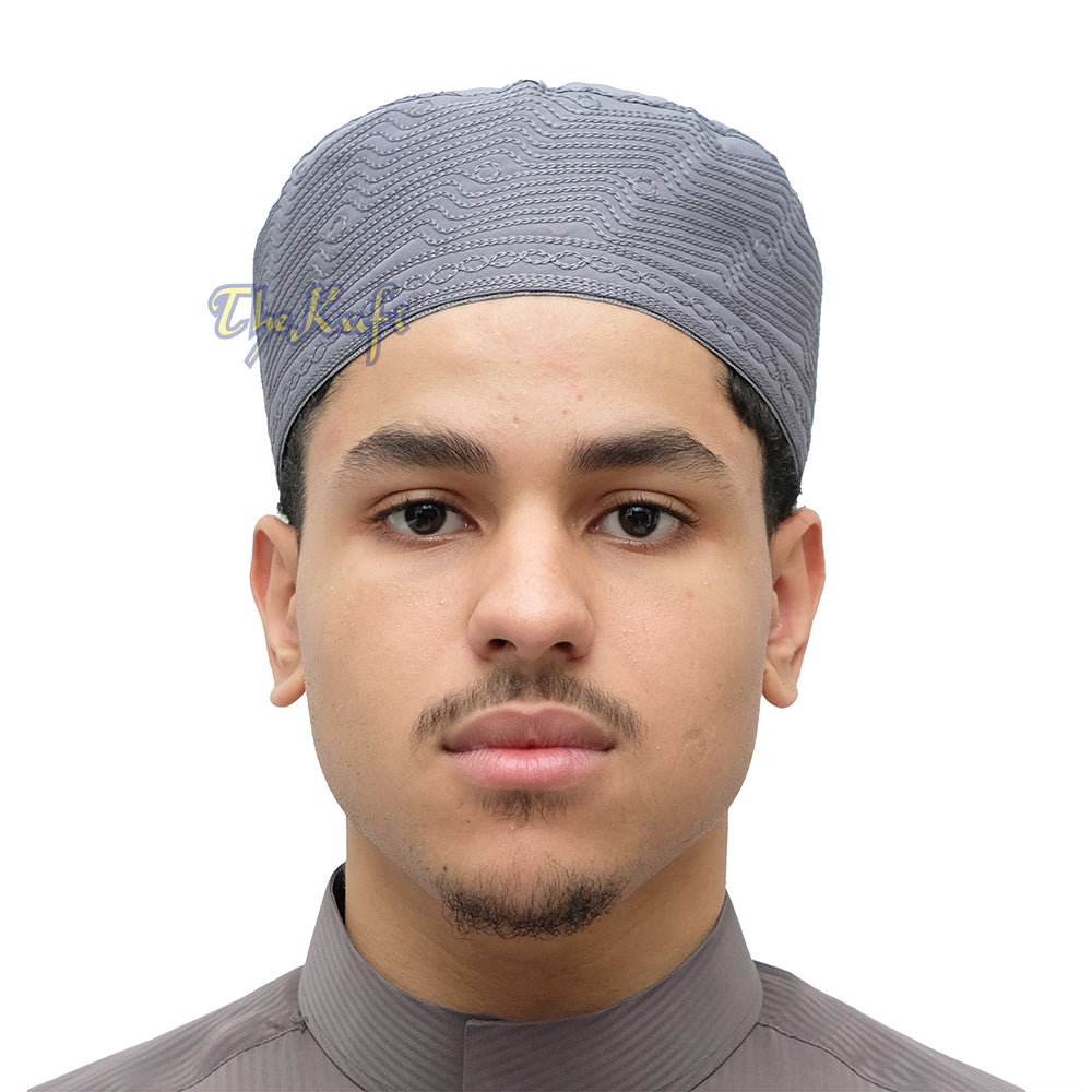 Topi Kufi Madinah Abu-abu Tua | Topi Islami Bordir Kain Campuran 3 inci