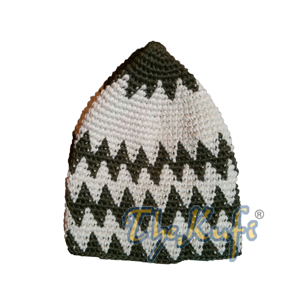 Topi Kufi Zigzag Warna Hijau Tentara Tua dan Krem yang Dirajut Tangan dari Katun Kuat
