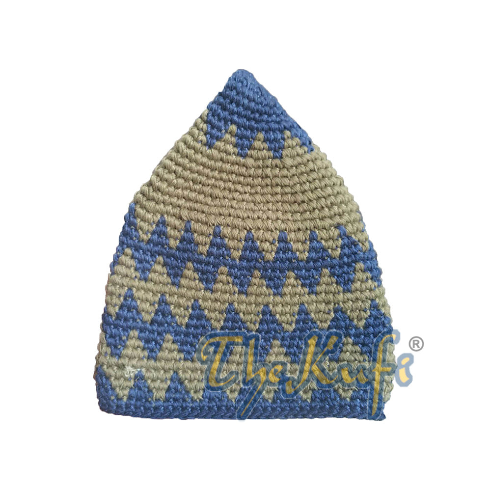 Topi Kufi Zigzag Warna Biru Kobalt dan Hijau Tentara Muda Rajutan Tangan dari Katun Kuat