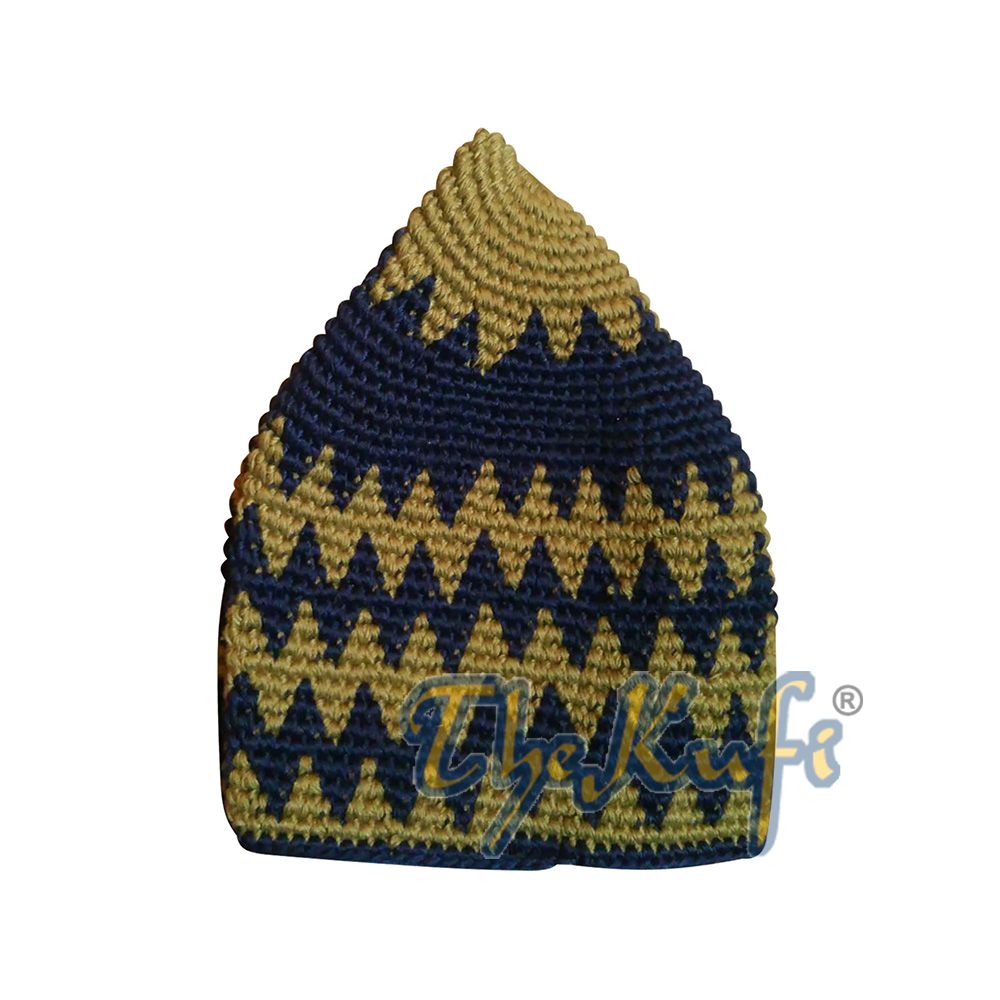Kids Hand Crocheted Cotton Cream & Dark Blue Hounds-Tooth Zigzag Kufi Hat