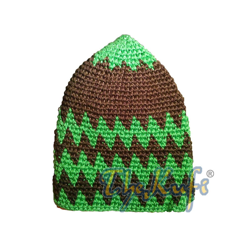 Topi Kufi Zigzag Warna Hijau Cerah dan Coklat Tua yang Dirajut Tangan dari Katun