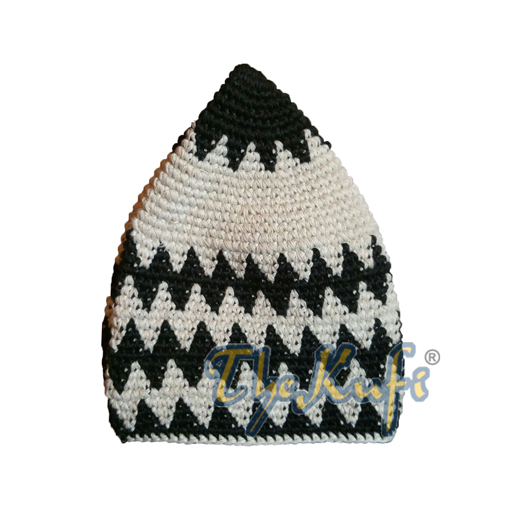 Topi Kufi Katun Kokoh Hitam & Latte Zigzag rajutan tangan