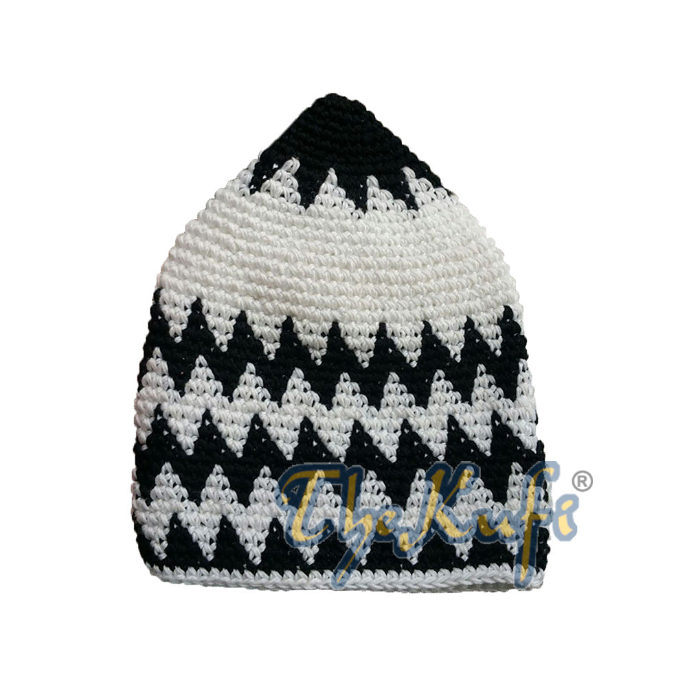 Topi Kufi Zigzag Hitam & Putih Kokoh dari Katun Rajutan Tangan