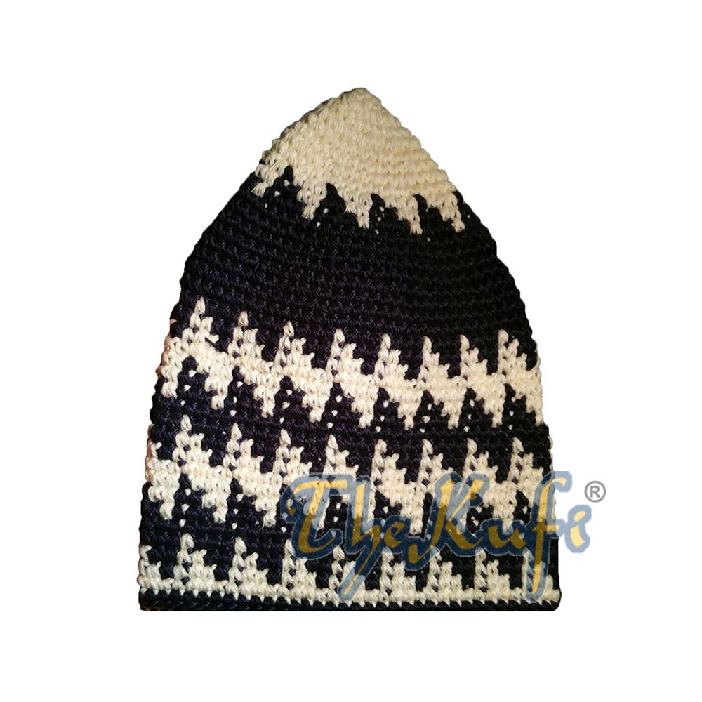 Krim Kokoh Katun Rajutan Tangan & Topi Kufi Zigzag Gigi Anjing Biru Tua