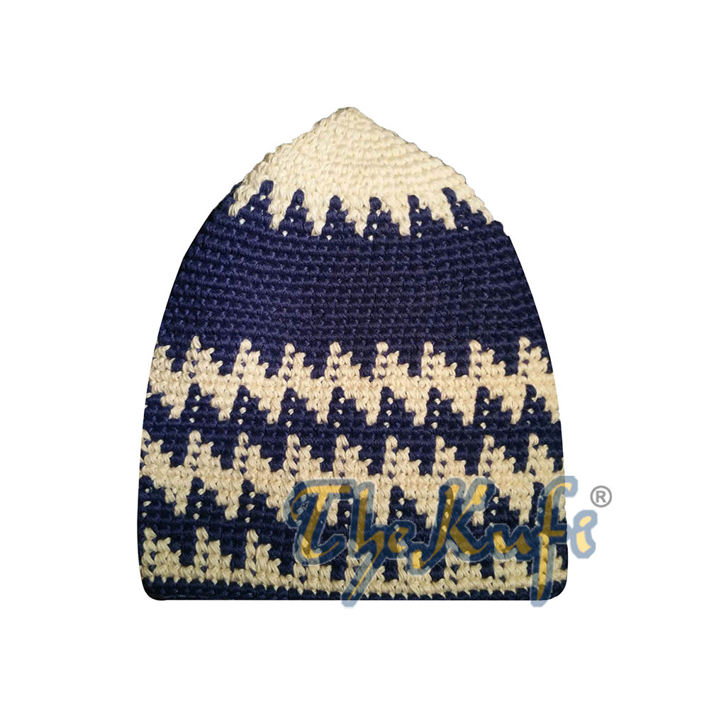Krim Kokoh Katun Rajutan Tangan & Topi Kufi Zigzag Gigi Anjing Biru Cobalt