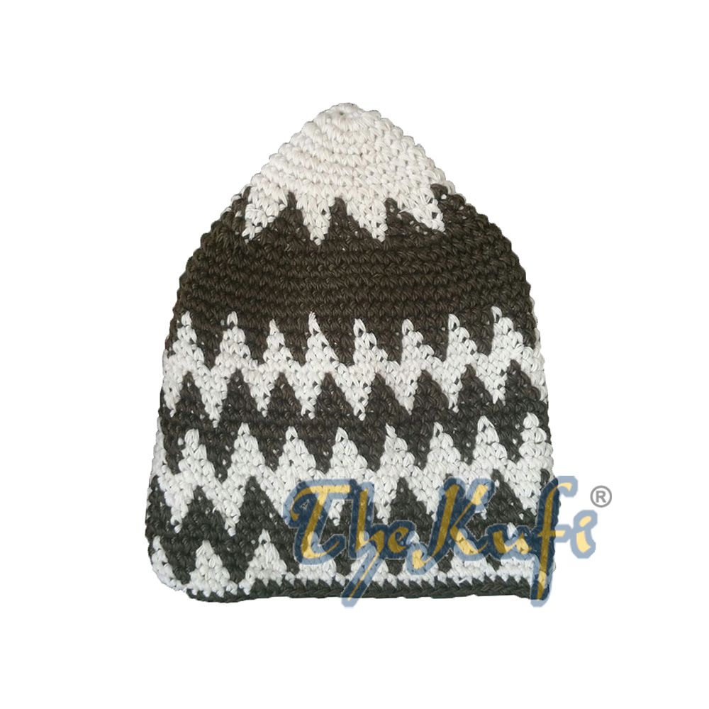 Hand-Crocheted Cotton Sturdy Cream & Dark Olive Green Zigzag Kufi Hat
