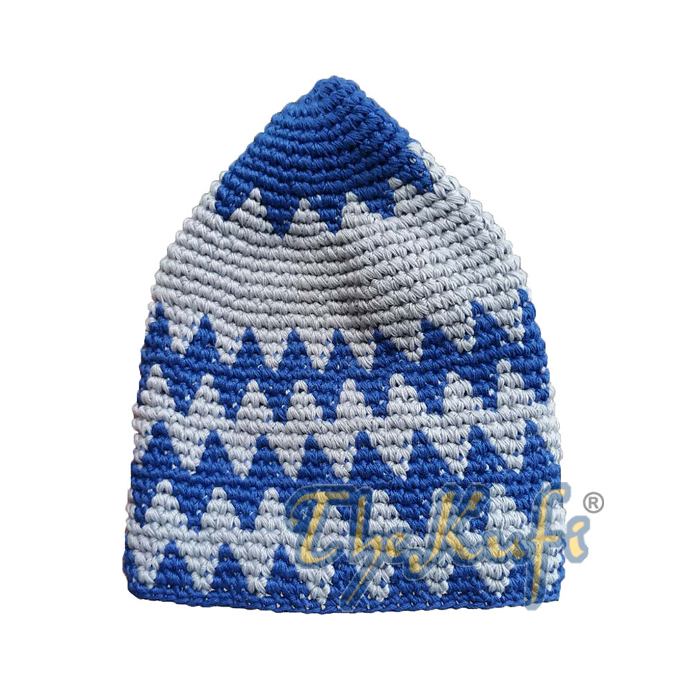 Topi Kufi Zigzag Biru Kobalt & Abu-abu Kuat Rajutan Tangan dari Katun