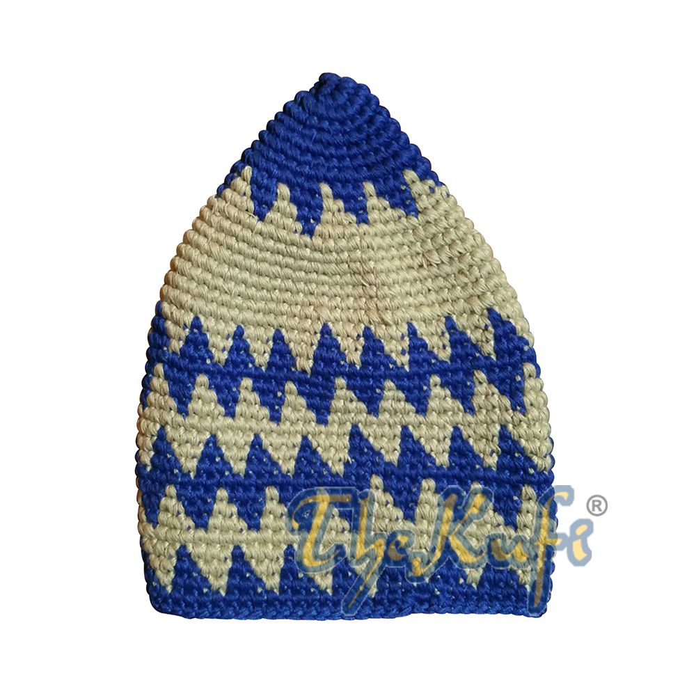 Kids Hand Crocheted Cotton Cobalt Blue & Khaki Kufi Head Cap with Zigzag Design