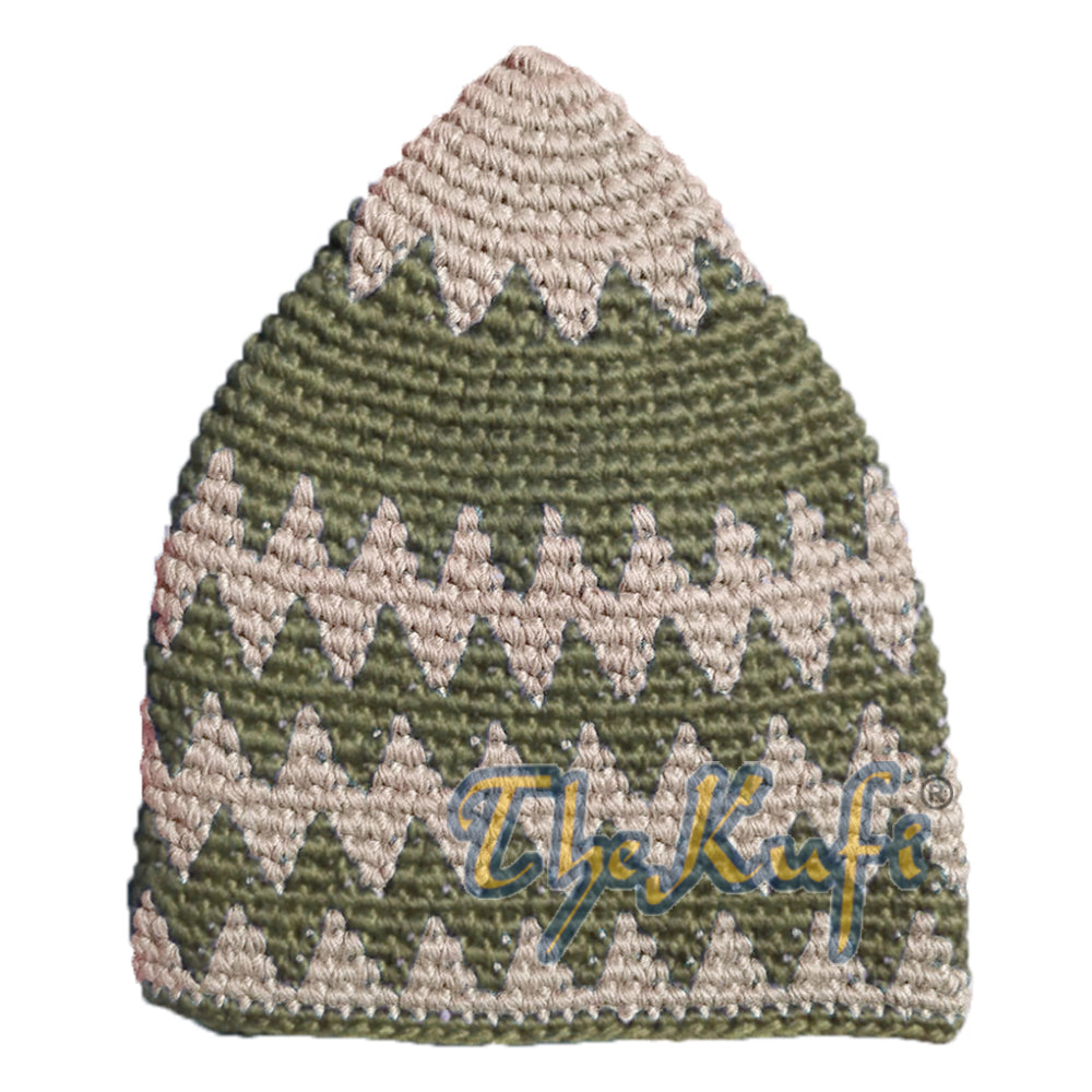 Krim Hitam Kokoh Katun Rajutan Tangan & Topi Kufi Zigzag Khaki Gelap