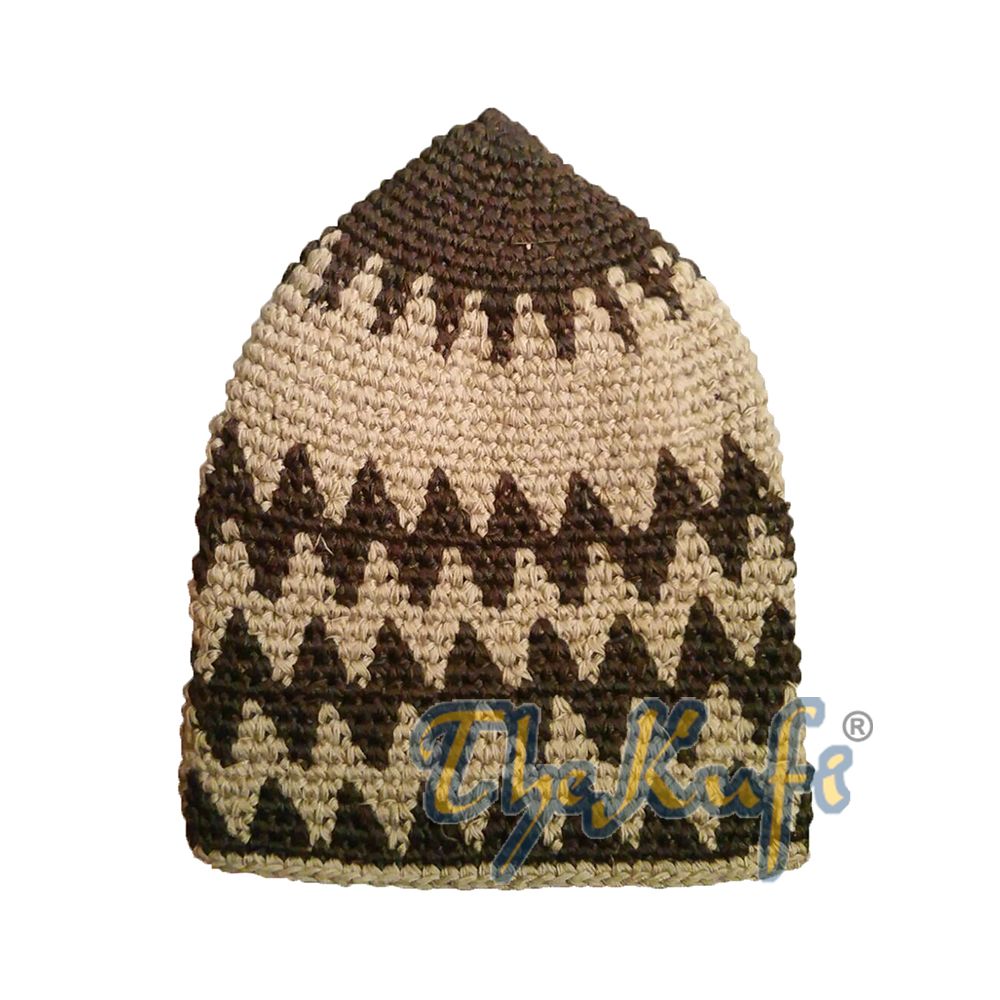 Hand-Crocheted Cotton Sturdy Dark Brown & Khaki Zigzag Kufi Hat