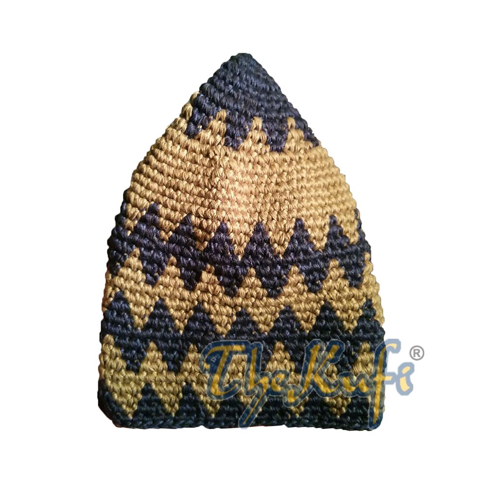 Hand-Crocheted Cotton Sturdy Dark Blue & Dark Khaki Zigzag Kufi Hat